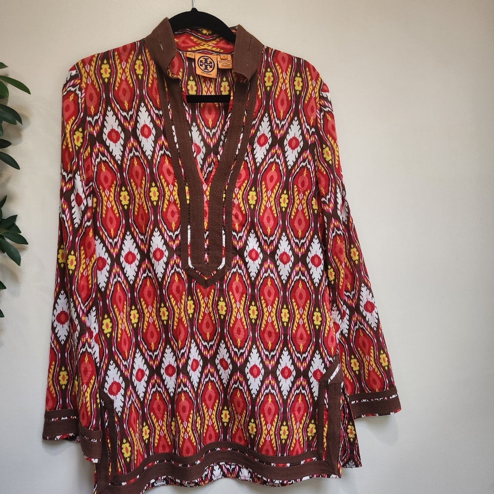 Tory Burch Classic 100% cotton Tunic Top. Size 6. Red Yellow Brown